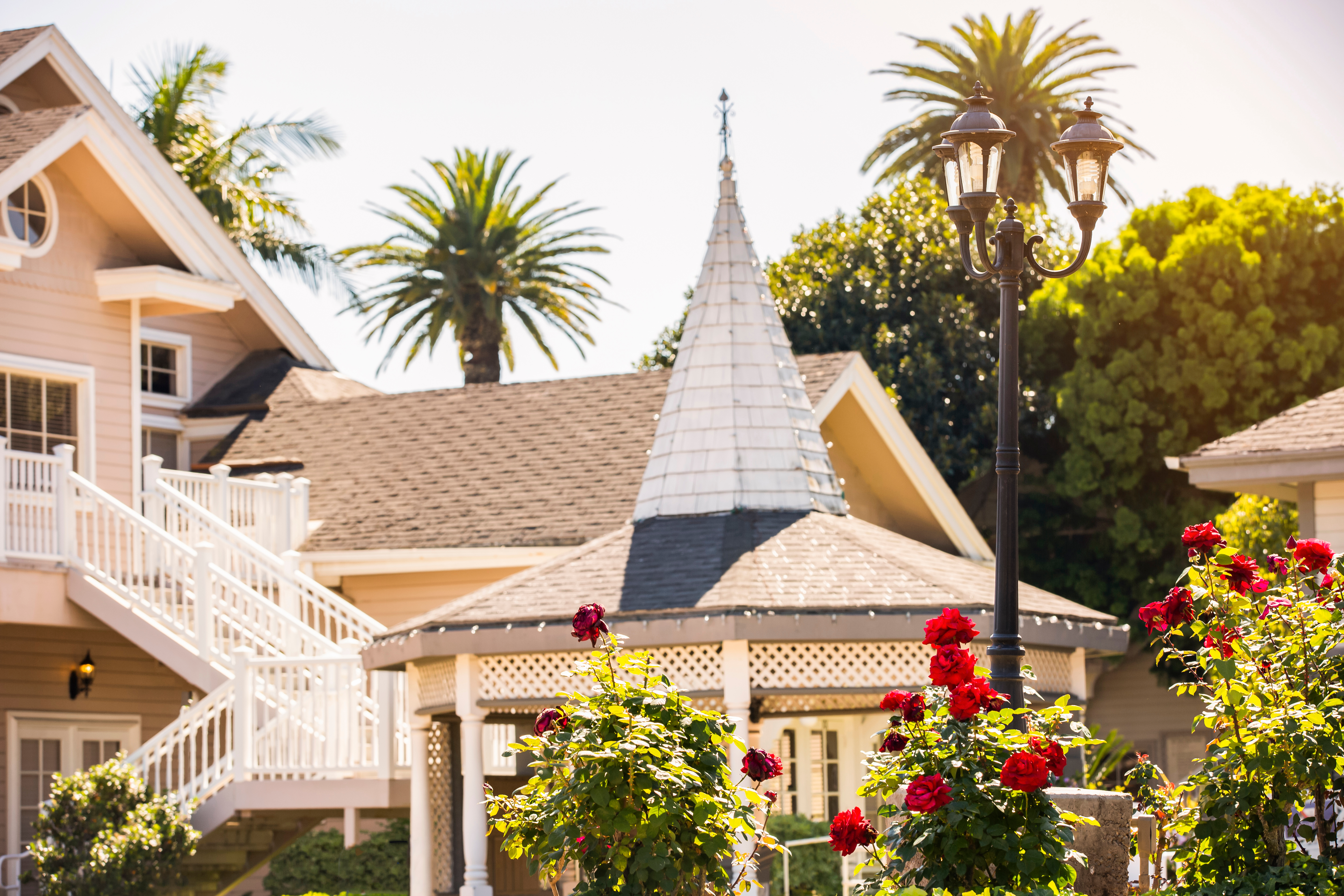 historic district of Tustin California building and red flowers