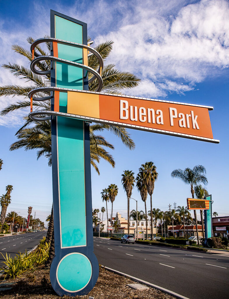 Blue and orange sign reading Buena Park